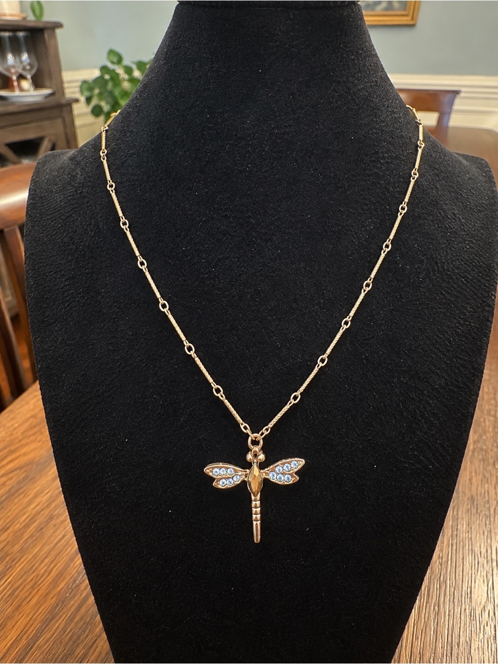 Dragonfly Pendant Necklace Blue Rhinestone Silver Tone Adjustable Chain